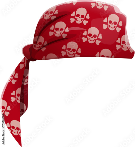 Pirate bandana, cartoon red corsair textile headwear with skull and crossbones motifs. Isolated vector sailor head scarf, vintage rover handkerchief, filibuster costume signifies buccaneer spirit