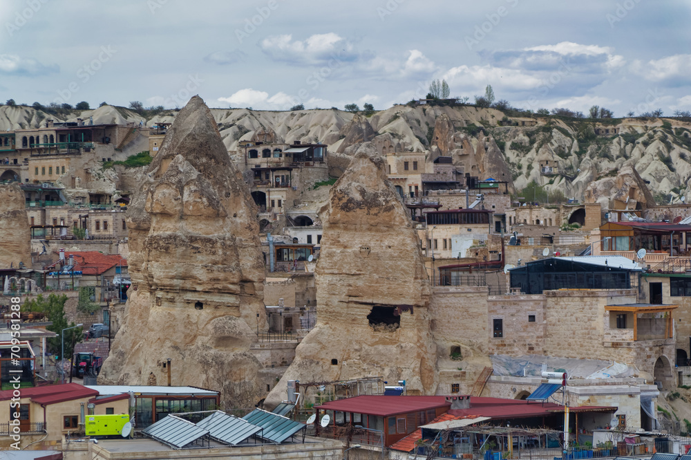 Aerial view over city of Goreme in Cappadocia, Turkey.