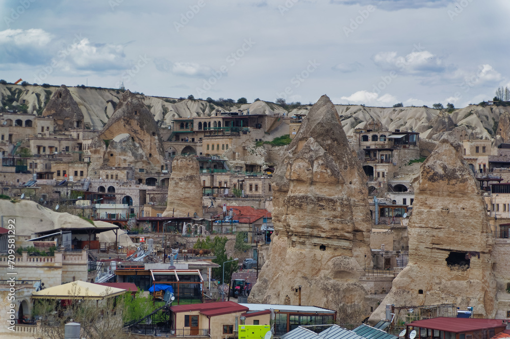 Aerial view over city of Goreme in Cappadocia, Turkey.