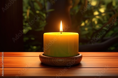 Burning candle on wooden table against blurred background  3d render