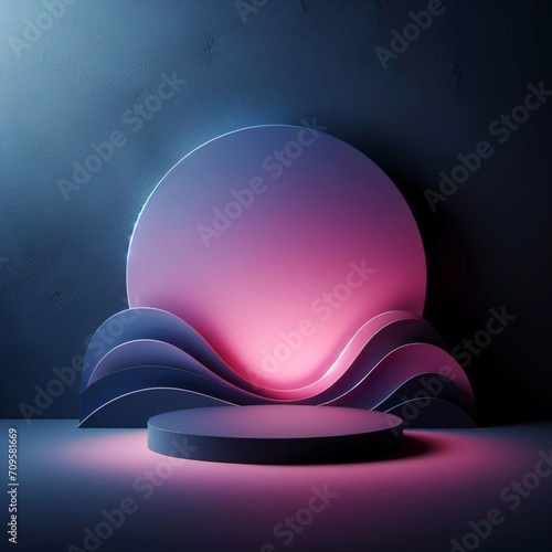 Dark blue purple pink glow minimal abstract background for product presentation, shadow and light from windows on plaster wall, product podium