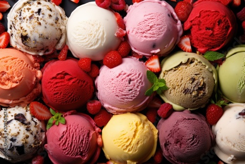 Ice creams balls strawberry pistachio almond orange and cherry top view wallpaper photo