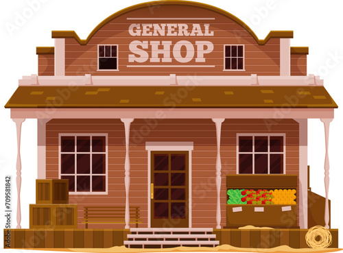 Western Wild West town general shop cartoon building. Vector old american Western country street scene, cowboy town building of general store, retail shop or grocery with wooden showcase, boxes, bench