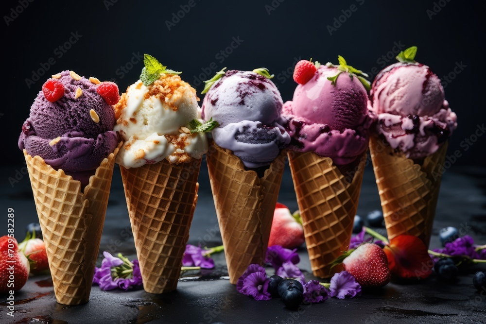 Various of ice cream flavor in cones blueberry, pistachio, almond, orange and cherry Various of ice cream flavor in cones blueberry, pistachio, almond, orange and cherry