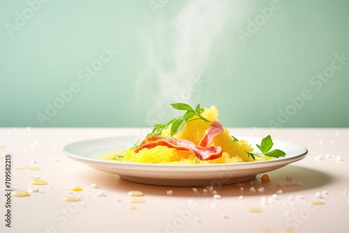 steam rising from hot risotto milanese served on a bright surface