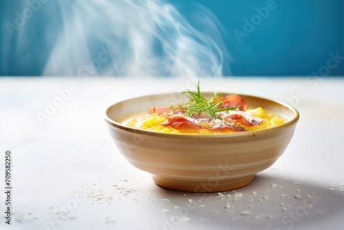 steam rising from hot risotto milanese served on a bright surface