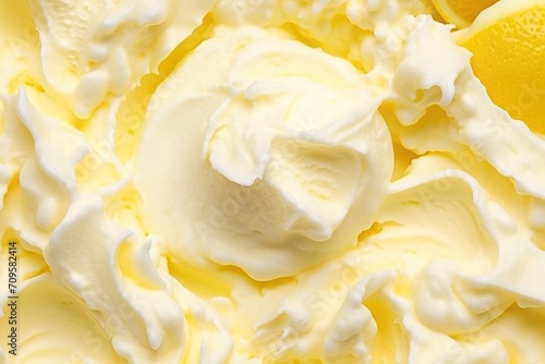 Delicious refreshing creamy Italian lemon or vanilla ice-cream for a summer dessert or takeaway, close up full frame background texture