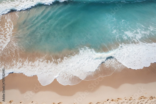 Beautiful sandy beach and soft blue ocean wave, top-down view