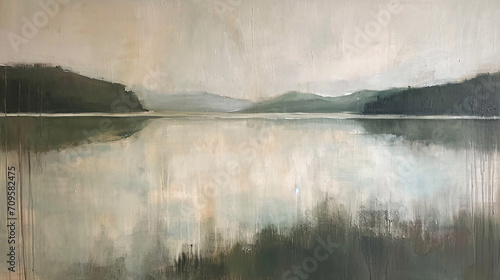 abstract painting of mountain and lake with reflection on water surface. © Argun Stock Photos