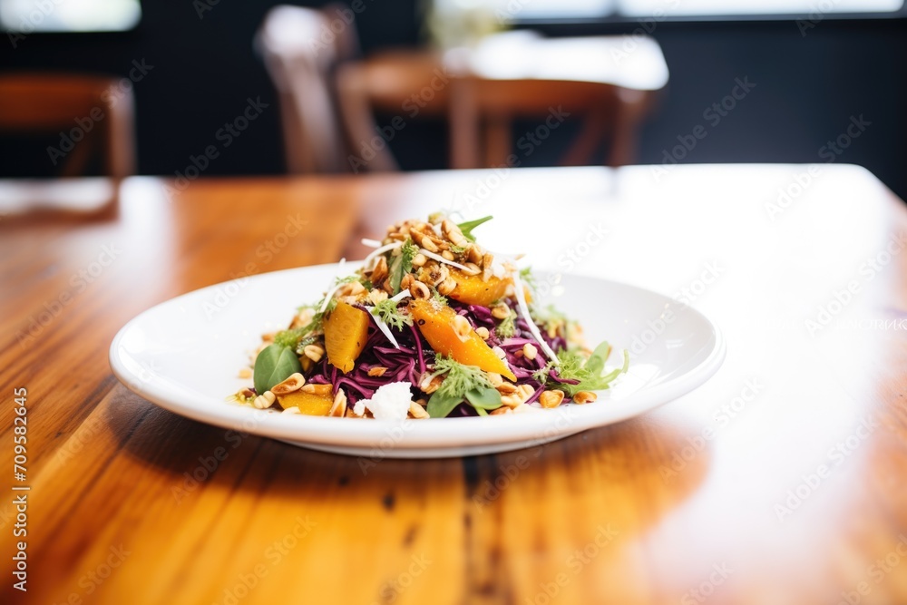 pan-roasted butternut squash salad with red cabbage, sunflower seeds, goat cheese crumbles pan-roasted butternut squash salad with red cabbage, sunflower seeds, goat cheese crumbles