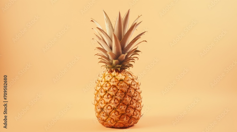 A large pineapple on a plain yellow background. Ripe fruit. The concept of rest and summer. A large pineapple on a plain yellow background. Ripe fruit. The concept of rest and summer.