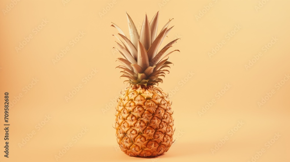 A large pineapple on a plain yellow background. Ripe fruit. The concept of rest and summer.