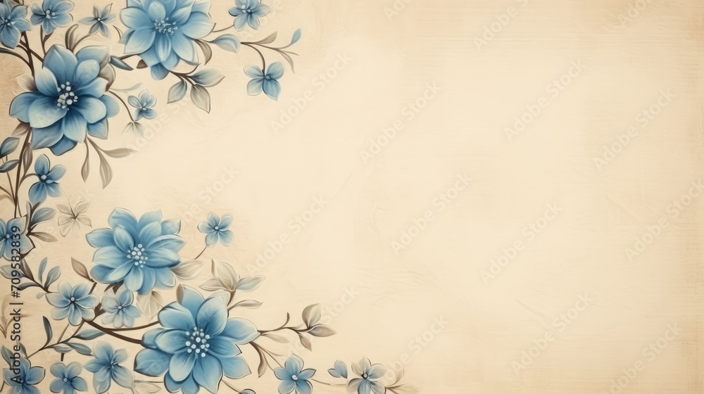 Leaves and blue flowers on a beige background. Decor design for printing, wallpaper, textiles, interior design, packaging, invitations. Delicate floral texture.