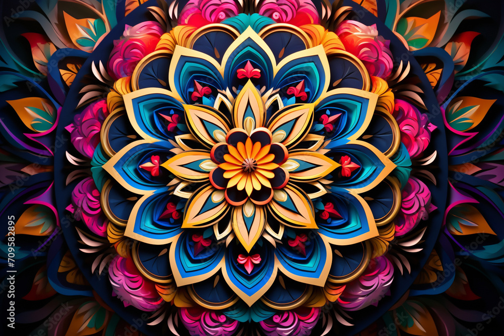 Banner consisting from traditional species mandala in flowers, Ai generated