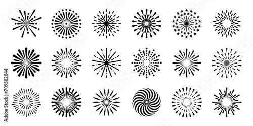 Firework. Firecrackers explosions in sky, celebration festival salute with sparkles. Christmas, Independence Day festive bursting light. Vector firework icons set