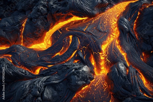 close-up of molten lava flowing from a volcano.