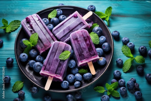 Homemade blueberry ice cream or popsicles decorated green mint leaves on teal rustic table, frozen fruit juice, vintage style, top view