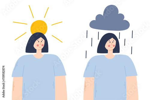 Depressed woman with cloud and rain above her. Young sad girl in depression. Happy girl.Vector illustration.