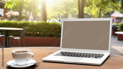 Laptop with blank screen on wooden table in coffee shop background .