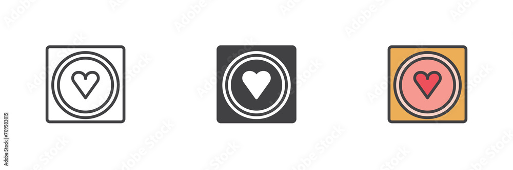 Condom with heart different style icon set Condom with heart different style icon set