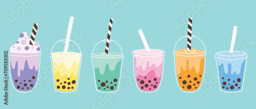 Set of bubble tea in hand drawn style. Collection of cups with bubble tea, bubble coffee and smoothies. Vector illustration.