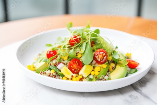 quinoa salad with avocado, cherry tomatoes, and corn