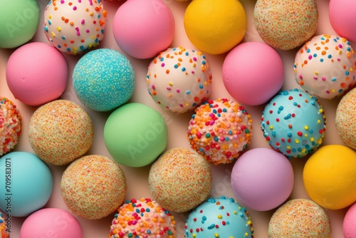 Colorful Ice creams balls on beige background, multi-colored round candies in sprinkles and jimmies, top view wallpaper photo