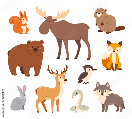 Woodland animals. Cute forest bear  fox and hare  wolf and deer  badger and squirrel  elk and woodpecker  beaver and snake. Happy funny animal vector characters