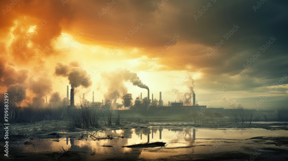 Aerial view of tall chimneys of a coal power plant with black smoke rising up polluting the atmosphere at sunrise.