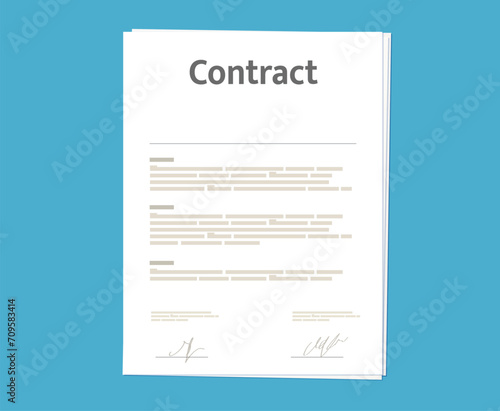 Paper contract document, signed partnership agreement or job employment, vector icon. Business contract or legal agreement and partnership and office employment paper document with signatures and text
