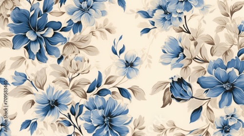 Leaves and blue flowers on a beige background. Decor design for printing, wallpaper, textiles, interior design, packaging, invitations. Delicate floral texture. © Cherkasova Alie