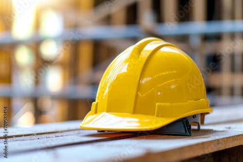 Yellow helmet on a blurred background, Construction background.