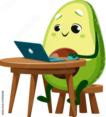 Cartoon avocado character with notebook. Childish avocado personage sitting at desk, working, learning or watching online content on laptop. Tropical fruit kid vector funny personage using computer