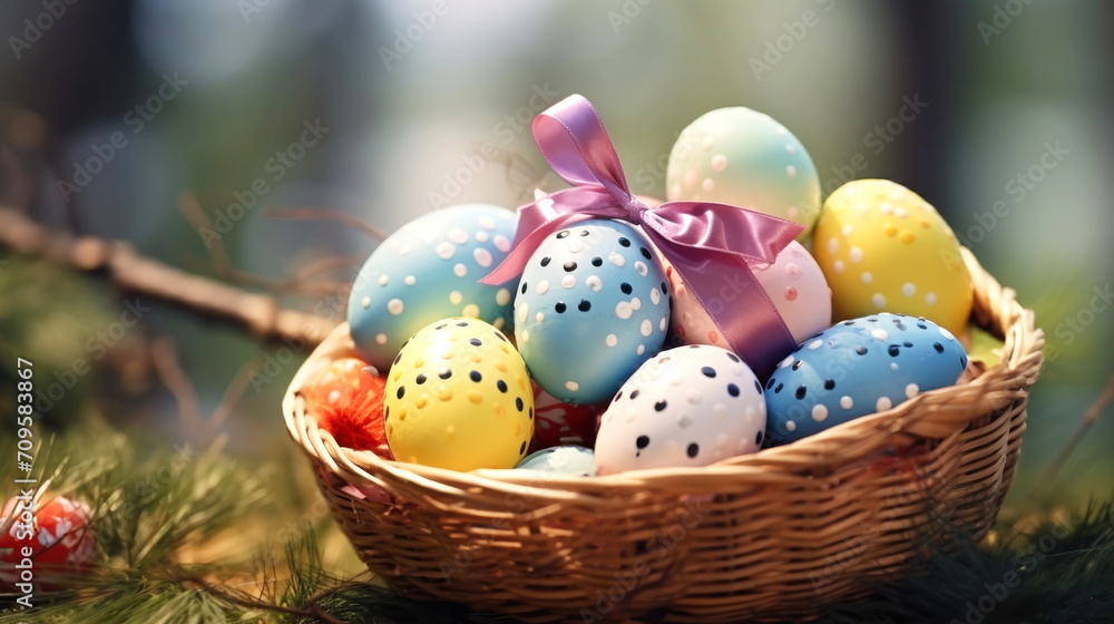 Happy easter. Multi-colored Easter eggs in a wicker wooden basket for holiday decoration. Copy space. Symbol of the resurrection of Jesus.