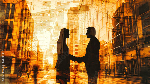 Two People Shaking Hands Against City Skyline. Silhouettes of people. Love in the modern world. Business relations.