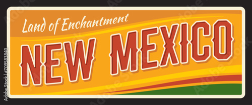 New mexico US state retro travel plate, old plaque, vintage vector banner. Vector touristic landmark plaque of Santa Fe capital. Sign for travel destination. Retro board, postcard, antique signboard