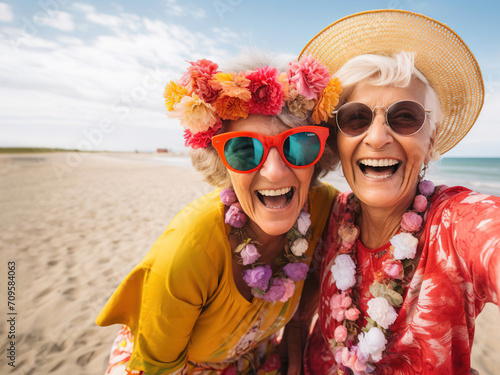 two elderly women  in hats  glasses  and colorful clothes  are standing on the beach  looking at their mobile phone and taking selfies. The concept of rapprochement. The sea is behind them.
