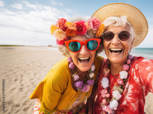 two elderly women, in hats, glasses, and colorful clothes, are standing on the beach, looking at their mobile phone and taking selfies. The concept of rapprochement. The sea is behind them.