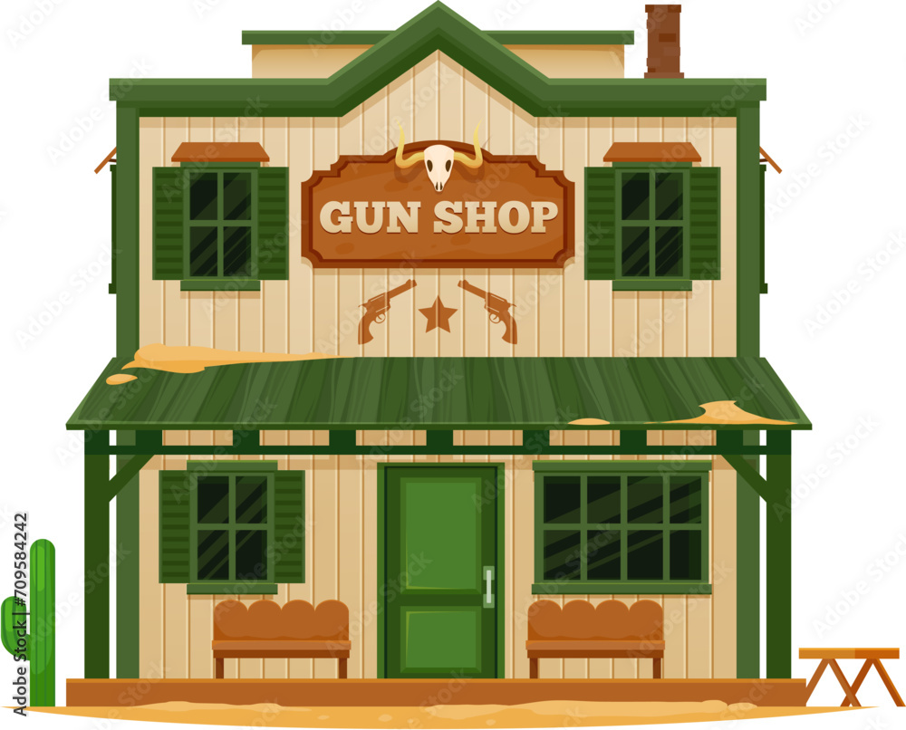 Western Wild West town gun shop cartoon building. Old two storey wood ...