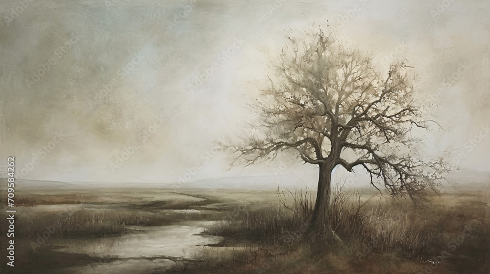 Digital painting of a lonely tree in the field with a lake in the background Digital painting of a lonely tree in the field with a lake in the background