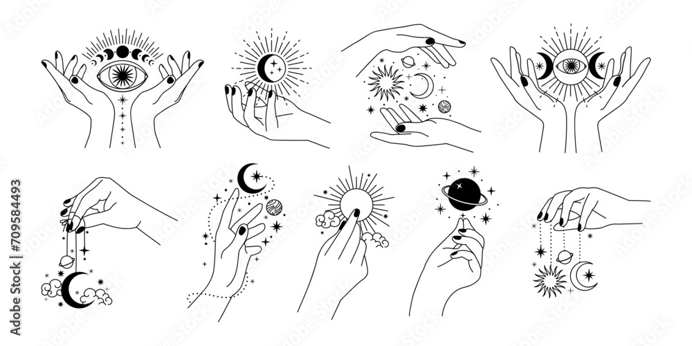 Magic woman hands. Sketch mystic female hands with planets, star, moon and sun. Minimalist style astrology tattoo elements. Vector set