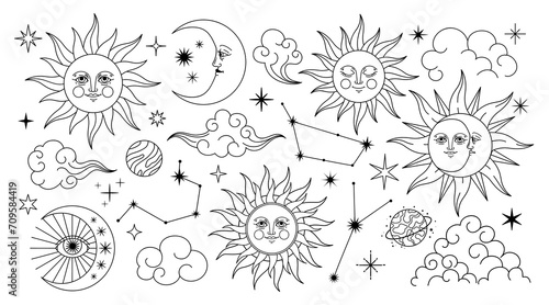 Mystic celestial symbol. Esoteric galaxy elements. Magic spiritual astrology signs, abstract moon, sun, stars, constellations. Graphics alchemy tattoo. Vector set