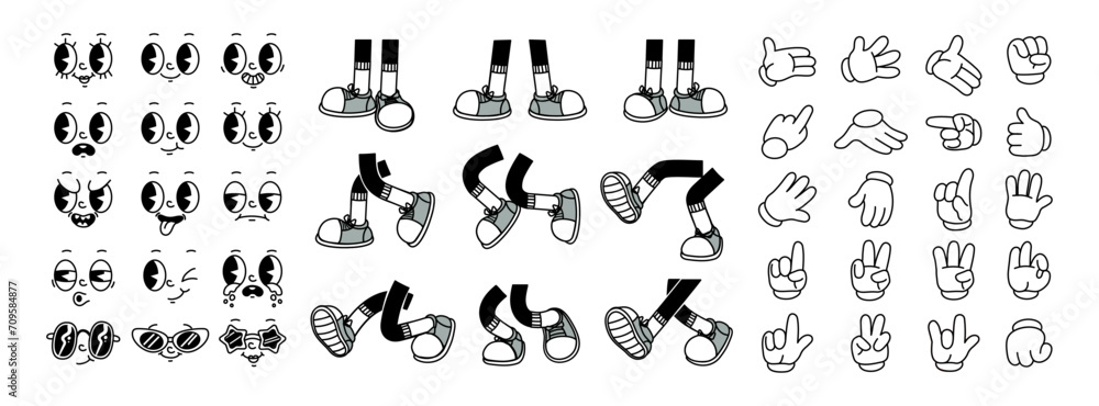© Foxy Fox - Retro leg, hand and face. Comic groovy hands in gloves, vintage legs and foot in shoes and funny emotion. Different poses arm and feet. Body parts mascot. Vector set
