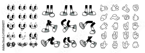 Retro leg, hand and face. Comic groovy hands in gloves, vintage legs and foot in shoes and funny emotion. Different poses arm and feet. Body parts mascot. Vector set