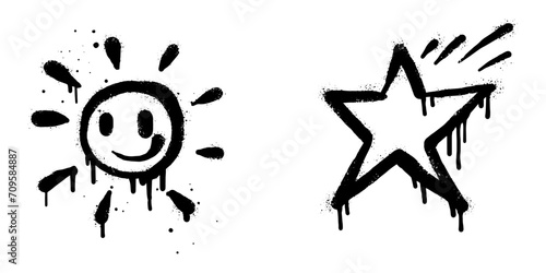 Spray painted graffiti sun and Star sign in black over white. Star drip symbol.  isolated on white background. vector illustration photo