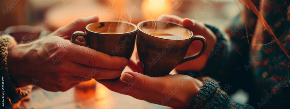 cup of hot coffee in hands. Selective focus. - obrazy, fototapety, plakaty 