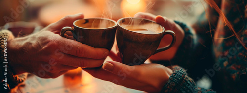 cup of hot coffee in hands. Selective focus.
