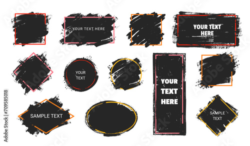 Grunge frame and background. Black ink brush square. Paint texture template for text composition. Grunge splatter banner for quote frames. Vector set photo