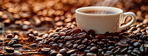 coffee beans and a cup of coffee. Selective focus.