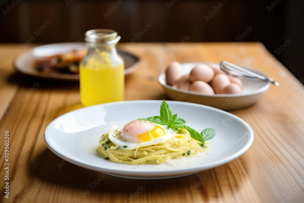 creamy carbonara with a rich egg sauce, wooden table, natural light creamy carbonara with a rich egg sauce, wooden table, natural light